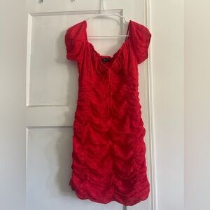 Red Eyelet Ruched Bodycon Mini Dress